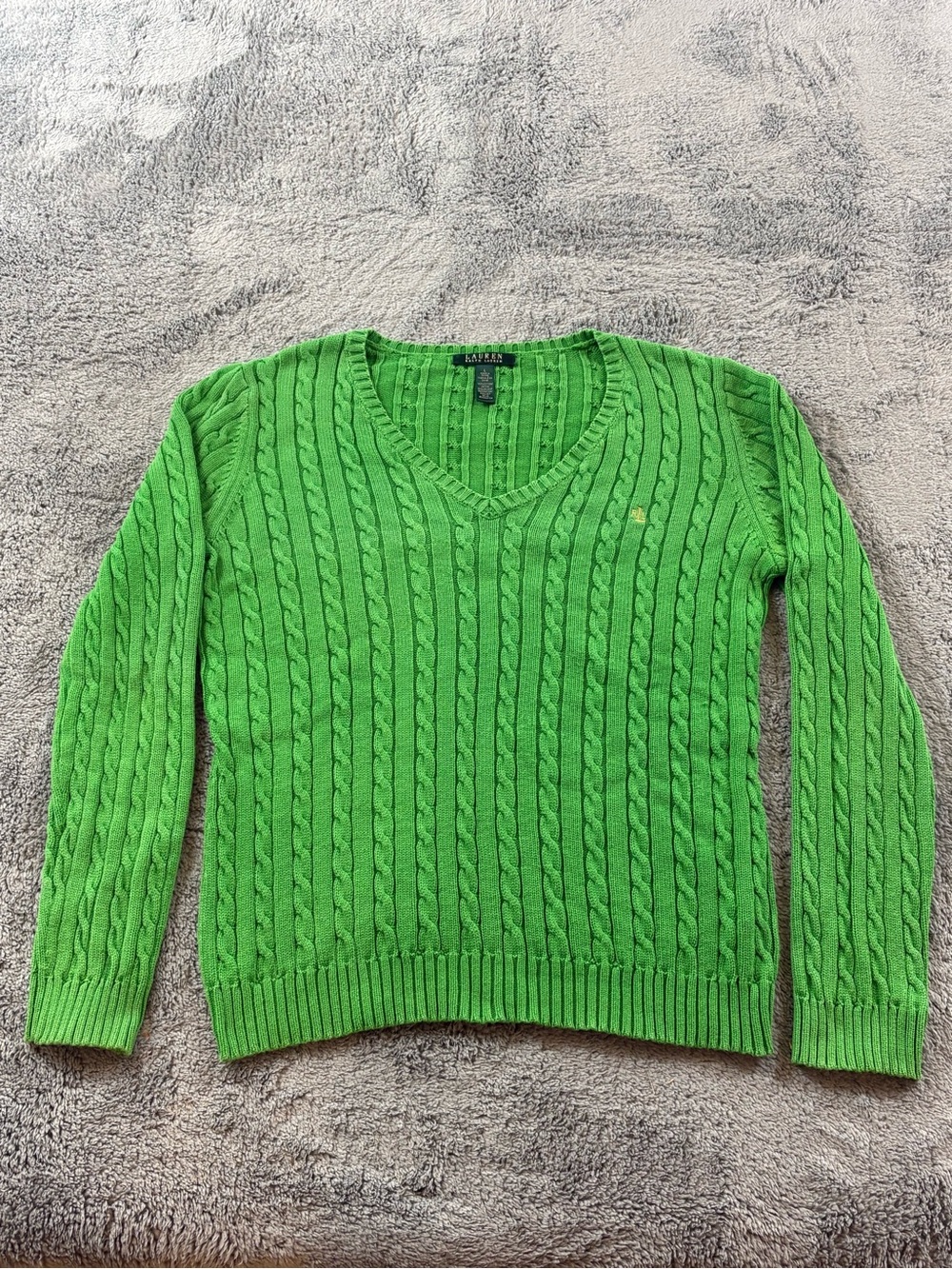 Ralph Lauren Lime Green Cable-Knit V-Neck Sweater